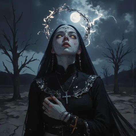 Hyperrealistic gothic portrait of a young woman or a nun standing alone under a storm-blackened sky, looking upward with an expression of heartbreak, longing, devotion, and spiritual agony. The mood is heavily inspired by the emotional atmosphere of BAD OM...