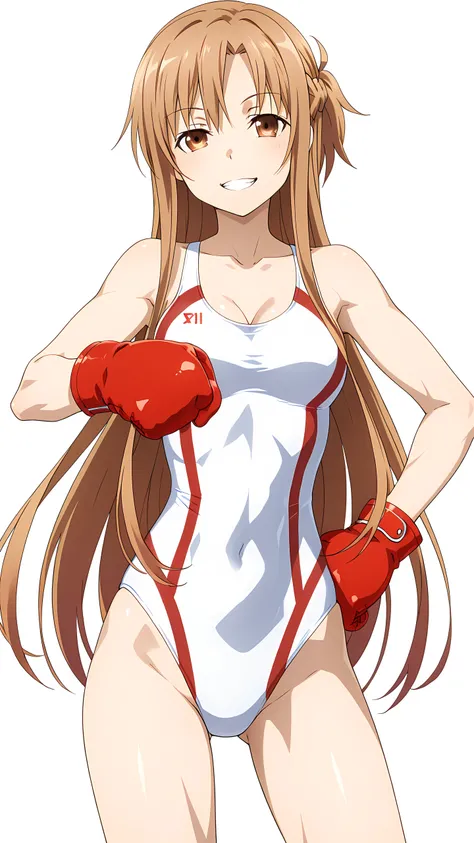 asuna_\(sao\), long_hair, brown_hair, brown_eyes,, cleavage, solo, (white competition swimsuits, boxer gloves), provocative grin, (toned slim body, slim waist), bare thigh, looking at viewer, extremely detailed eyes and face, hand on hip, focus torso, cowb...