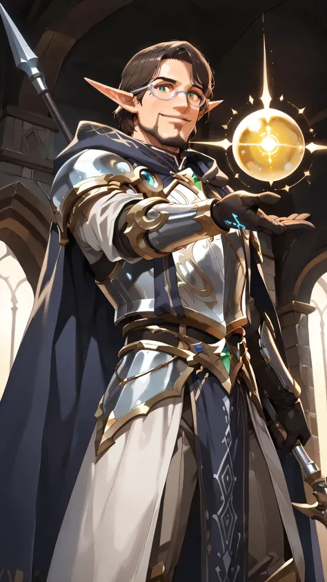 masterpiece, ultra-detailed, best quality, (1 boy, solo, male elf, ethereal warrior mage, (silver eyeglasses, small eyeglasses), emerald eyes, confident smile, (spear held standing with right hand, detailed hand wrapping around wooden spear shaft, ornate s...