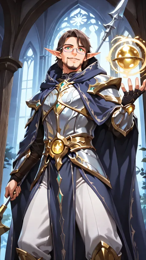 masterpiece, ultra-detailed, best quality, (1 boy, solo, male elf, ethereal warrior mage, (silver eyeglasses, small eyeglasses), emerald eyes, confident smile, ((ornate spear with golden trims held standing with right hand), detailed hand wrapping around w...
