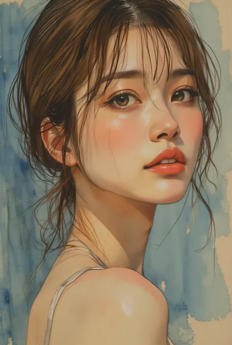 top quality、Japanese edits Vivien Tam photos [Woman] 、WITH VERY EYES of black color with brown hair  、[Red and Blue] , Expressive Texture, photorealistic techniques for conducting a web conference on a computer,  パソコンでWEB会議を行なっている、vibrant colorful palette ...