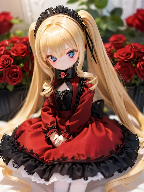Land of Roses True Red doll No expression Blonde Buried in lots of roses