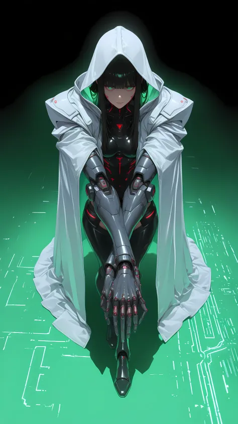 MoriCalliope, long hair, hime cut,MoriQSuit, long hair,  white colors, electric dreamland,  long hair, hime cut,3DMM,anime,cyberpunk,wide angle interior dim blue green  lighted background,uzzlanggirl,1girl,korean,brave perspective,hands crossed ,  perfect ...