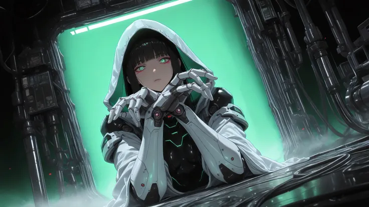 MoriCalliope, long hair, hime cut,MoriQSuit, long hair,  white colors, electric dreamland,  long hair, hime cut,3DMM,anime,cyberpunk,wide angle interior dim blue green  lighted background,uzzlanggirl,1girl,korean,brave perspective,hands crossed ,  perfect ...