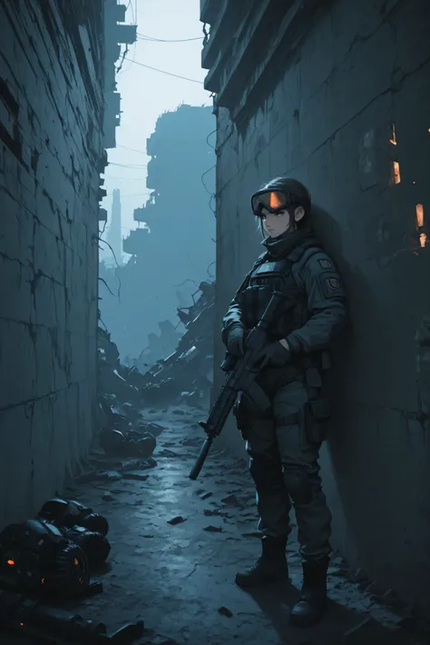 1girl soldier, taking cover behind broken wall, wearing tactical combat gears, assault rifle, battlefield, ballistic goggles, full wide shot, ((detailed background, dramatic lighting)), masterpiece, best quality, absurd resolution, 4k, score_9, score_8_...