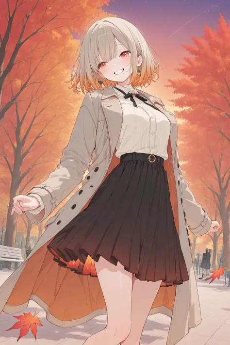 Autumn Leaves Dance Park、A woman smiling happily、look back here、Dressed in a coat、the hem of the skirt flips up
Composition from the front(1:6)、Setting Sunset、 Faintly Visible Stars 、high image quality、