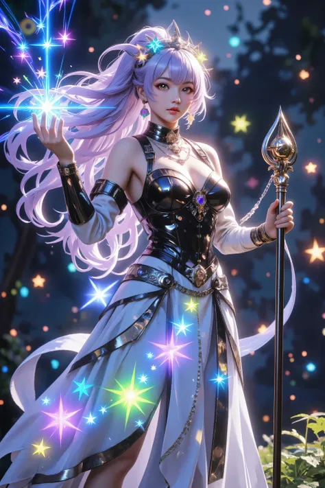 ,aidmamjv7,Colorful,female human druid of the stars, guardian of nature, controlling magical energy made of stars, swirling blue stary magical light, divine symbols high details, dynamic angle, human female, extremally beautiful, ultra feminine, dynamic ha...