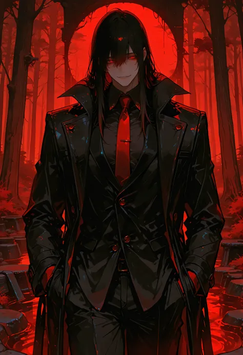 1 male, adult, well-proportioned face, attractive man, dressed in a full-black suit, black coat, cool and mysterious expression, long messy black hair, crimson eyes, black slit pupils, well-defined physique, forest and mountainous background region