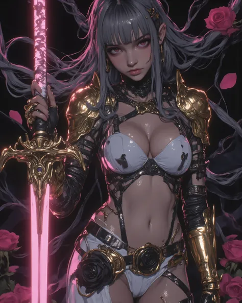 velaris, a beautiful dark elf with dark grayish-purple skin, anatomically perfect seductive hourglass figure, slender waist, large breasts, toned abs and thighs, long flowing ash-gray hair with delicate pink and rose gold highlights, hair adorned with wilt...