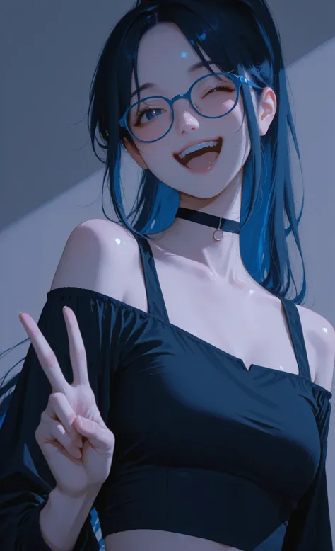 セイラ (Seira),anime artwork,(moody lighting, dramatic shadows, bloom lighting, colored shadows),
upper body, Seira, young woman, big smile, laughing, happy expression, winking,
dark blue eyes with pupils, long dark hair in high ponytail, blue streaks in hair...