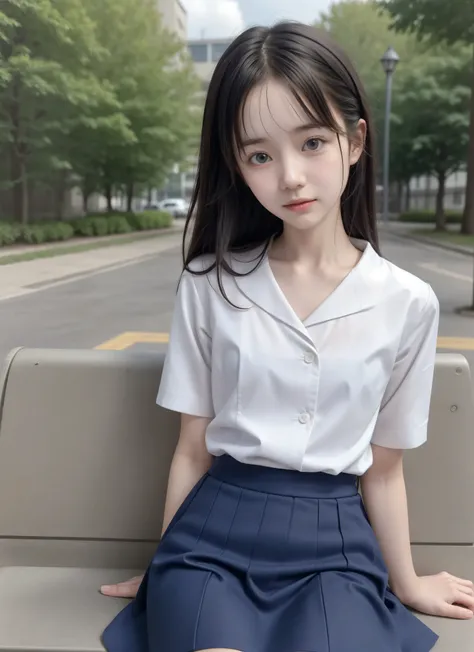 20 years old,Cute Girl,かわいいyounger女の子,slender,Skinny,short,skinny,slender body,Low body weight,younger,cute hairpins,sailor suit cosplay,navy blue skirt,realistic,is sitting on a park bench,small breasted,japanese,narrow shoulder,black tights,dark hair