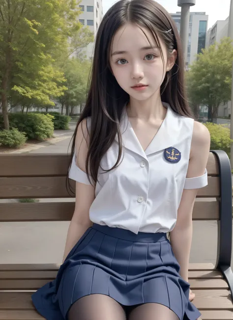 20 years old,Cute Girl,かわいいyounger女の子,slender,Skinny,short,skinny,slender body,Low body weight,younger,cute hairpins,sailor suit cosplay,navy blue skirt,realistic,is sitting on a park bench,small breasted,japanese,narrow shoulder,black tights,dark hair