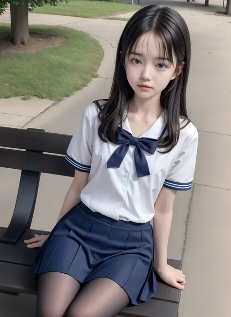 20 years old,Cute Girl,かわいいyounger女の子,slender,Skinny,short,skinny,slender body,Low body weight,younger,cute hairpins,sailor suit cosplay,navy blue skirt,realistic,is sitting on a park bench,small breasted,japanese,narrow shoulder,black tights,dark hair