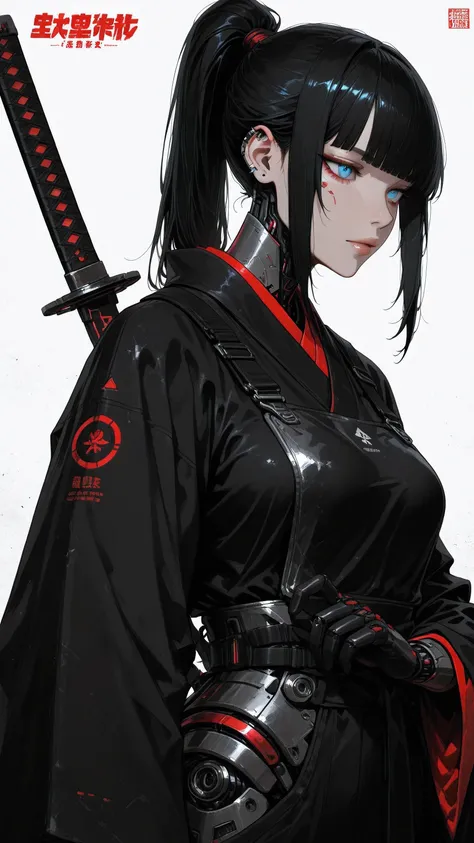 The image depicts a striking cyberpunk samurai figure in a three-quarter profile view against a minimalist white background. She wears a sleek black kimono with high collar and wide sleeves, blending traditional Japanese attire with futuristic elements. A ...