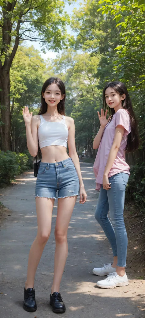 ((top quality)), ((PHOTO QUALITY)), (detail), perfect face,Raise Your Hand,narrow shoulder,was photographed in the park,(smile:0.5),2 cute girls,(skinny:1.3),(Slim:1.5),flat chest