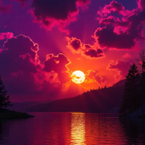 Ultra-realistic, photo-realistic, the most aesthetically incredible images of a sunset ever made. The fireball that is the sun appears overly large, orange, burnt orange, yellow, hanging low and overly bright in the sky, partially obscured by many cumulus ...