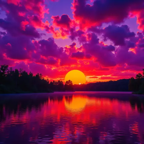 Ultra-realistic, photo-realistic, the most aesthetically incredible images of a sunset ever made. The fireball that is the sun appears overly large, orange, burnt orange, yellow, hanging low and overly bright in the sky, partially obscured by many cumulus ...