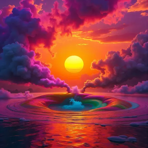 Ultra-realistic, photo-realistic, ultra-detailed the most aesthetically incredible images of a sunset ever made. The fireball that is the sun appears overly large, orange, burnt orange, yellow, hanging low, and overly bright in the sky, partially obscured ...