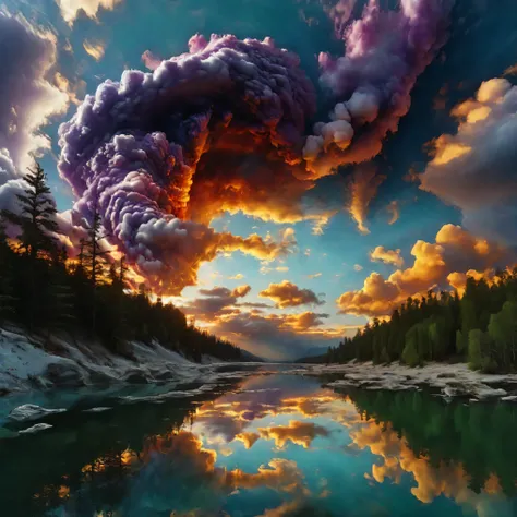 Ultra-realistic, photo-realistic, the most aesthetically incredible images of a sunset ever made. The fireball that is the sun appears overly enormous and low and overly bright in the sky, partially obscured by many cumulus clouds that have turned purple a...