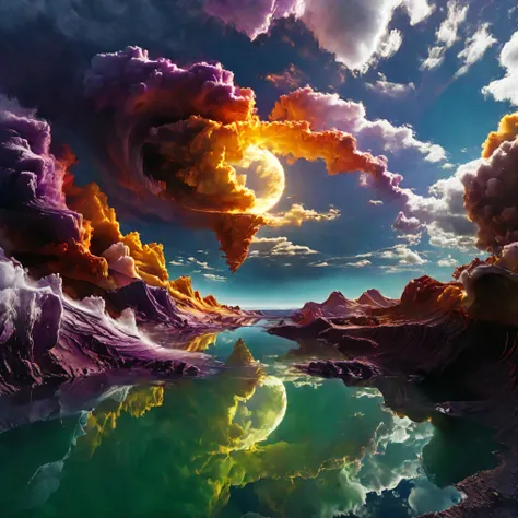Ultra-realistic, photo-realistic, the most aesthetically incredible images of a sunset ever made. The fireball that is the sun appears overly enormous and low and overly bright in the sky, partially obscured by many cumulus clouds that have turned purple a...