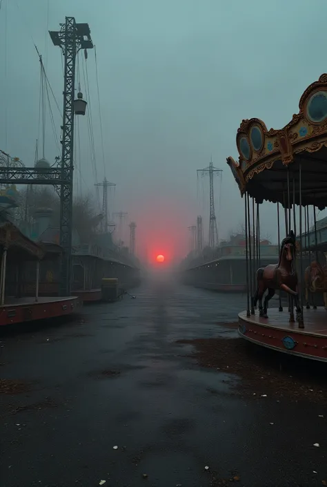 Abandoned amusement park consumed by supernatural fog, twisted metal rides frozen in time, rust-covered carousel horses with hollow eyes, faceless mannequins positioned between attractions, ash particles floating in air, distant industrial sirens echoing, ...