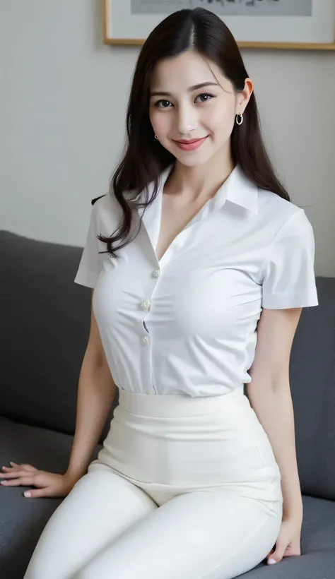 an adult woman, sitting on the living room sofa, body facing the camera, POV from front of body, wears a formal shirt in white satin material, Short sleeve shirt, kemeja ketat, long white leggings, side model hair , rambut hitam, dada besar, lipstik merah...