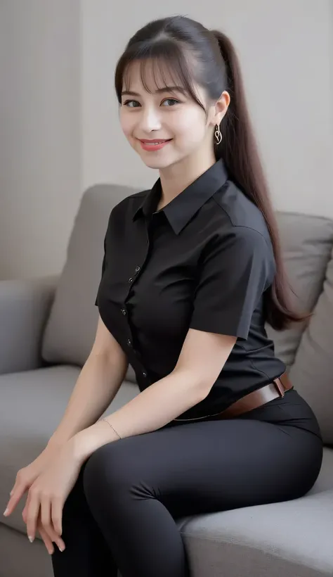 an adult woman, sitting on the living room sofa, body facing the camera, POV from front of body, wears a formal shirt in blacm satin material, Short sleeve shirt, kemeja ketat, long black leggings, rambut ponytail rendah , rambut hitam, dada besar, lipsti...