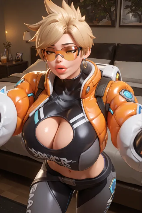 owtracer, le sserafim tracer, blonde hair, spiky hair, organge glasses, earrings, crop top, cleavage cutout, puffy jacket, cropped jacket, leggings, 1girl, gigantic breasts, gigantic thighs, masterpiece, best quality, closeup, bedroom, 3D style, 3D, blende...