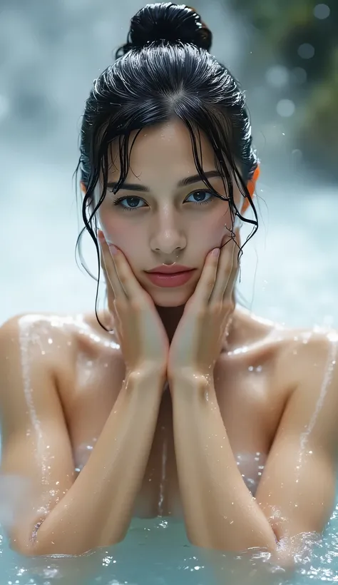 Image of a Japanese open-air hot spring, masterpiece, top quality, super high resolution, award-winning photograph, adult woman soaking in natural onsen, body submerged up to chest, front view POV, bare shoulders and arms visible above water, erotically ch...