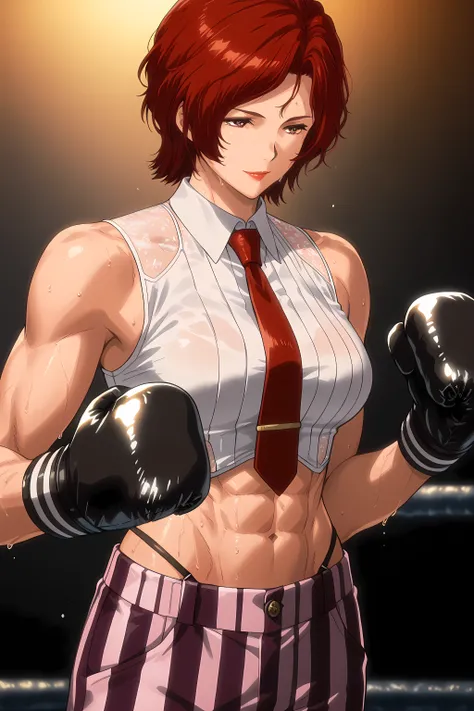 1girl, solo, young mature, VanessaKOF, red hair, short hair, toned, abs, sweating, sleeveless shirt, red necktie, black boxing gloves, striped pants, navel, red lips, light smile