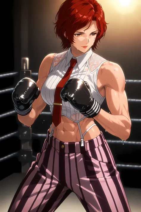 1girl, solo, young mature, VanessaKOF, red hair, short hair, toned, abs, sweating, sleeveless shirt, red necktie, black boxing gloves, striped pants, navel, red lips, light smile, fighting stance