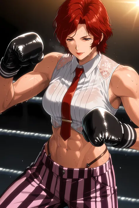 1girl, solo, young mature, VanessaKOF, red hair, short hair, toned, abs, sweating, sleeveless shirt, red necktie, black boxing gloves, striped pants, navel, red lips, light smile, fighting stance