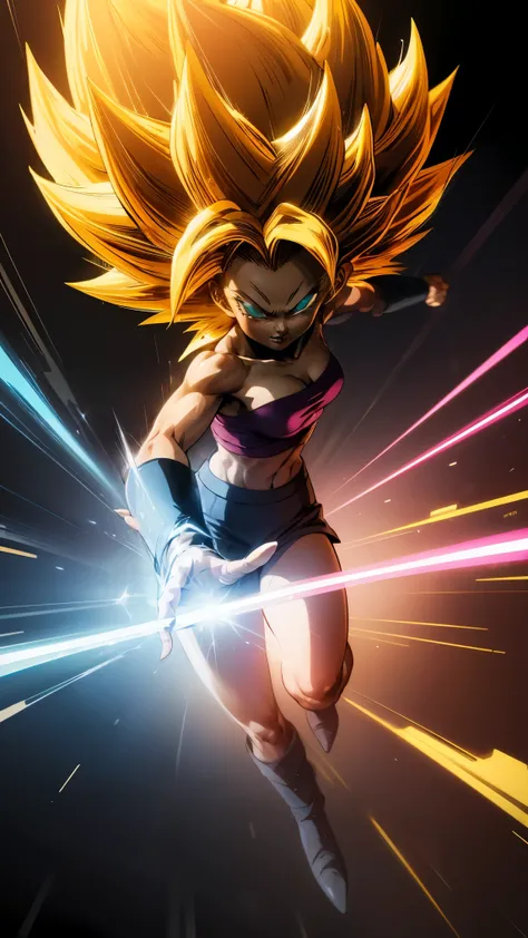 Darck magician girls is a super Saiyan. She has blonde hair. She expels her neon pink energy. All over his body . Darck magician girls is a super Sayayin. She has her traditional dark hooker outfit. Cinematic and sensual pose. Take the whole body