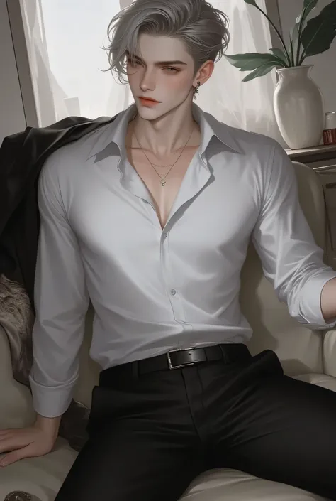 Man 1,About 24 years old, Neatly styled hair with a gray blonde sheen,golden eyes,introduces stylish elements. Hair drifts to one side of the head, , with soft lighting highlighting textures and colors. . The person wears a double-breasted shirt., Zigpak m...