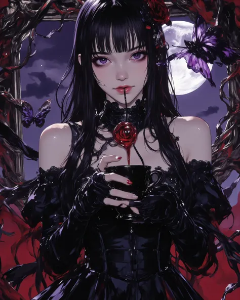 masterpiece, best quality, ultra detailed, beautiful face, perfect eyes, symmetrical face,
1girl, solo, japanese ojou-sama villainess, fake innocent smile with hidden malice, long straight black hair with perfect bangs, cold purple eyes with dark shadow ma...