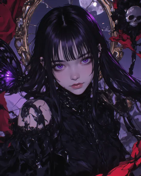 masterpiece, top quality, Ultra Details, beautiful face, perfect eyes, Symmetrical Surfaces ,
1girl, solo, Japanese daughter villain, A false innocent smile full of hidden malice, long straight dark hair with perfect bangs, cold purple eyes with dark shad...