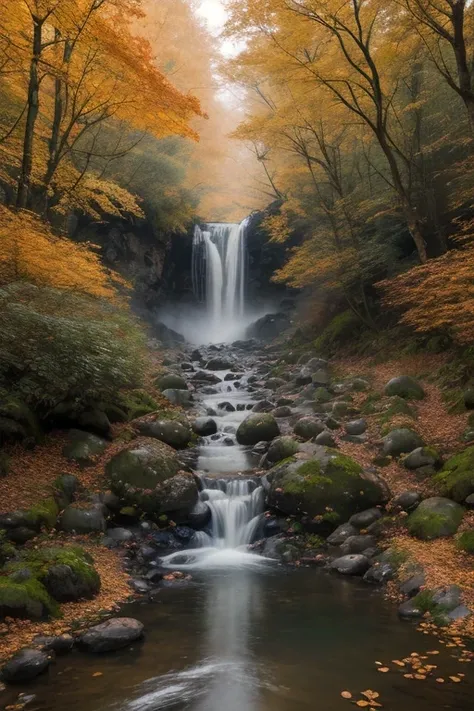 High image quality、oil,(Extremely Impressive vECG Unity 8k),spectacular images of rivers with autumn leaves in the forest ,small waterfall, thick fog ,Awarded Photo, Color difference, INTEGRAL, High image quality, Orange blossom orange blossom, many ' ...