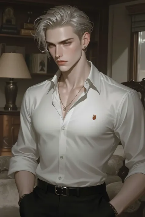Man 1,About 24 years old, The hair is finely styled with a gray blonde sheen.,golden eyes,introduces stylish elements. Hair drifts to one side of the head, , with soft lighting highlighting textures and colors. . The person wears a double-breasted shirt., ...