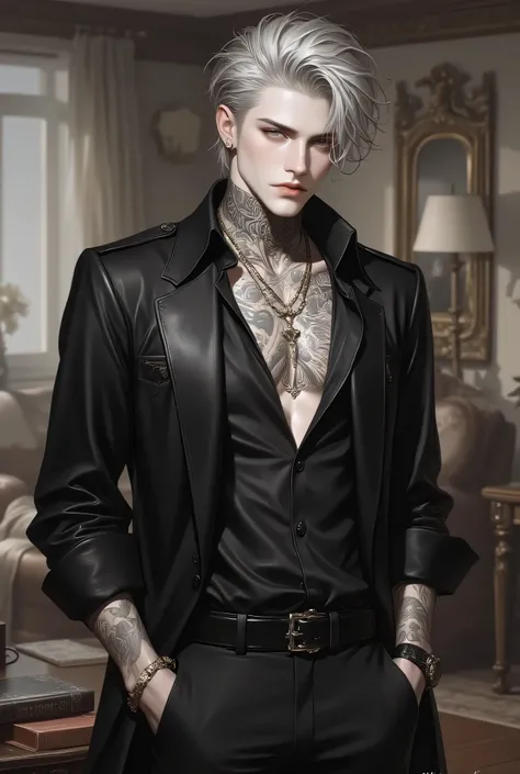 Man 1,About 24 years old, hair neatly styled with sparkles, gray blonde hair,ดวง golden eyes, golden eyes,introduces stylish elements. Hair drifts to one side of the head, , with soft lighting highlighting textures and colors. a prominent person wearing a ...