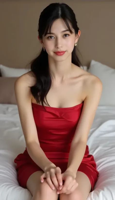 A teenage woman,  sitting on a luxury bedroom mattress,  body facing the camera,  POV from front of body,  eyes looking towards the camera,  wear dress tube satin material merah, gaun sampai paha, lengan telanjang, bahu telanjang, low ponytail hair in blac...