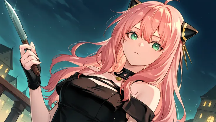 anime, 1girl, solo, zzAnya, green eyes, hair between eyes, ahoge, pink hair, long hair, hair ornament, hairpods, gold hairband, hair flower, black choker, black dress, sleeveless, off shoulder, floral print, fingerless gloves, holding knife, night, low ang...