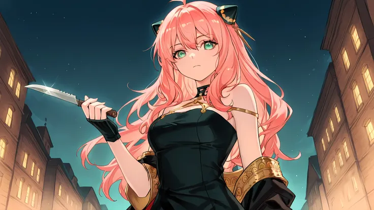 anime, 1girl, solo, zzAnya, green eyes, hair between eyes, ahoge, pink hair, long hair, hair ornament, hairpods, gold hairband, hair flower, black choker, black dress, sleeveless, off shoulder, floral print, fingerless gloves, holding knife, night, low ang...