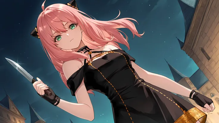 anime, 1girl, solo, zzAnya, green eyes, hair between eyes, ahoge, pink hair, long hair, hair ornament, hairpods, gold hairband, hair flower, black choker, black dress, sleeveless, off shoulder, floral print, fingerless gloves, holding knife, night, low ang...