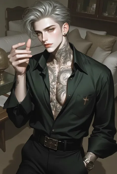 Man 1,About 24 years old, hair neatly styled with sparkles, gray blonde hair,ดวง golden eyes, golden eyes,introduces stylish elements. Hair drifts to one side of the head, , with soft lighting highlighting textures and colors. a prominent person wearing a ...