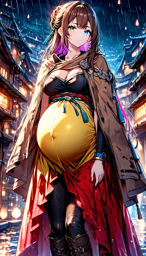 High Resolution, Best Quality, Super Detailed, Masterpiece, 4K, port village, night, raining, 1girl, brown hair, violet streaks, long hair, straight hair, tied hair, unadorned hair, blue eye, green eye, split color eyes, large breasts, pregnant, adult body...