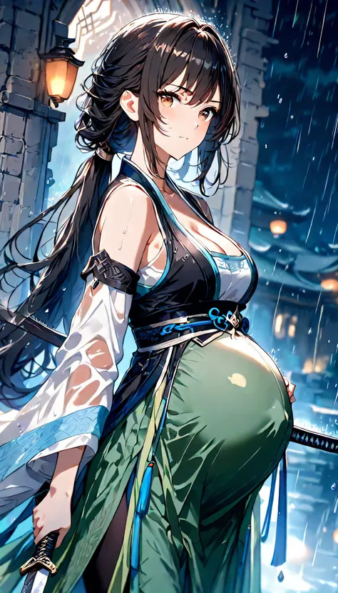 High Resolution, Best Quality, Super Detailed, Masterpiece, 4K, fortress gate, night, raining, 1girl, black hair, long hair, long ponytail, low ponytail, unadorned hair, brown eyes, medium breasts, pregnant, adult body, transparent blue hanfu, sleeveless h...