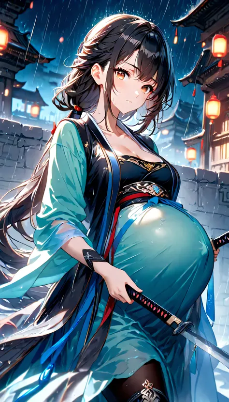 High Resolution, Best Quality, Super Detailed, Masterpiece, 4K, fortress gate, night, raining, 1girl, black hair, long hair, long ponytail, low ponytail, unadorned hair, brown eyes, medium breasts, pregnant, adult body, transparent blue hanfu, sleeveless h...