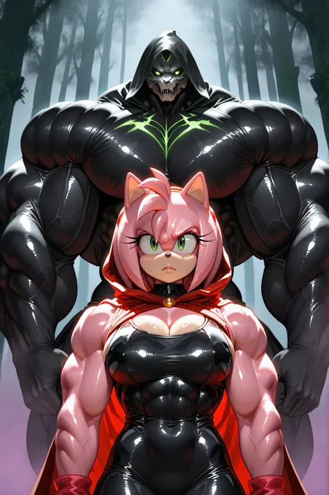 Shiny skin,amy rose,furry female,pink fur,short hair,green eyes,pink hair,hyper muscles buff,Hyper Giant muscles,Extremely Muscular Body,A dark fantasy depiction of a pink anthropomorphic hedgehog girl in a torn red hooded cloak and a glossy black bodysuit...