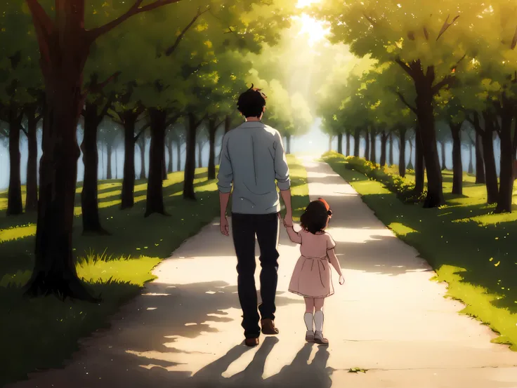 A soft, warm illustration of a parent and child walking hand in hand on a quiet path at sunset, gentle light shining through the trees. The scene expresses trust, growth, and the child’s independence. The parent walks slightly behind, watching over with a ...
