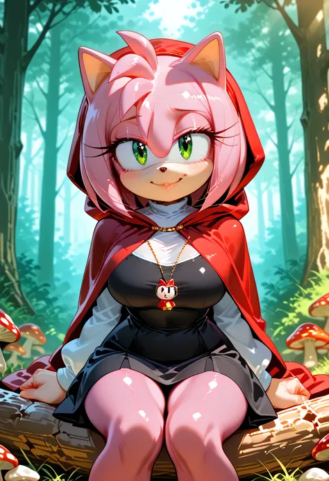 Shiny skin,amy rose,furry female,pink fur,short hair,green eyes,pink hair,A flirtatious pink hedgehog girl in a glossy black outfit and red hooded cape, sitting playfully on a forest log. She tilts her head with a teasing, mischievous smile, giving the sce...